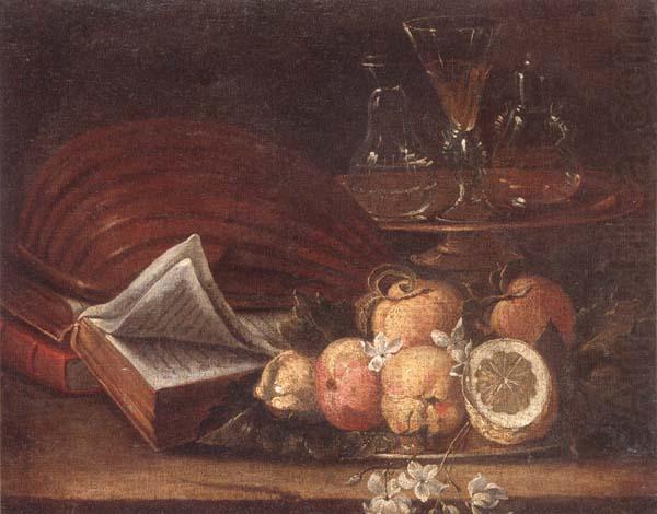 Still life of a lute,books,apples and lemons,together with a gilt tazza with a wine glass and decanters,all upon a stone ledge, unknow artist